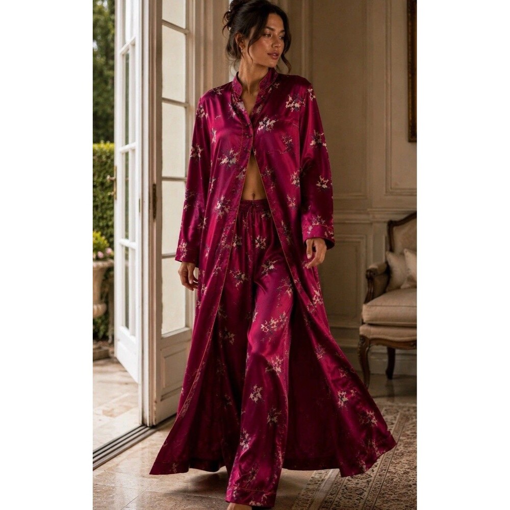 Vintage Dynasty 100% Silk Pajama Set Women’s Large Pink Floral Satin Asian